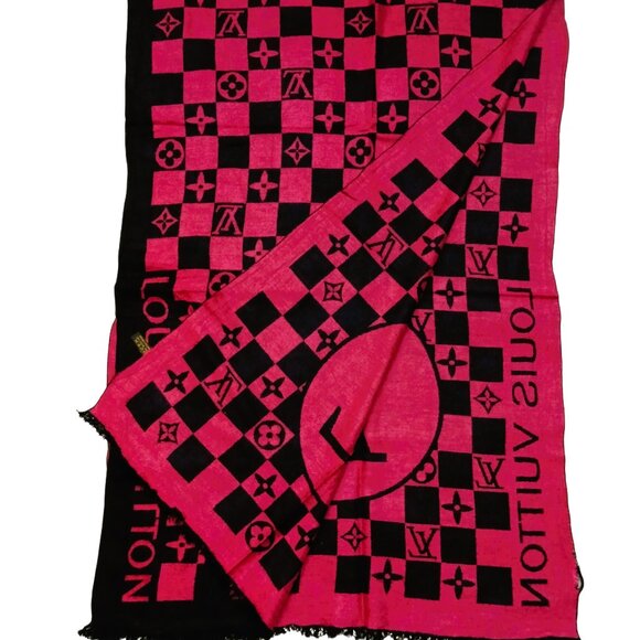 LOUIS VUITTON LV Vintage Pink Black Monogram Check Silk & Wool Scarf - Picture 2 of 12
